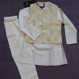 Kurta, Vest & Matching Pants Gold color with brocade design in fabric. sz 3-4yrs